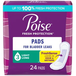 Poise Incontinence Pads for Women, 3 Drop Light Absorbency, Long Length, 24 Count