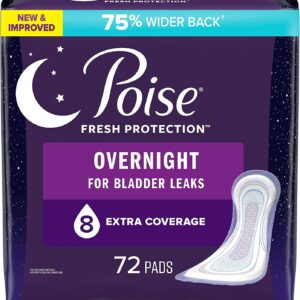 Poise Incontinence Pads & Postpartum Incontinence Pads, 8 Drop Overnight Absorbency, Extra-Coverage Length, 72 Count, Packaging May Vary - Image 1