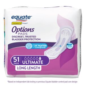 Equate Options Women's Incontinence Pads, Ultimate Absorbency, Long Length (51 Count), Compare to Poise®