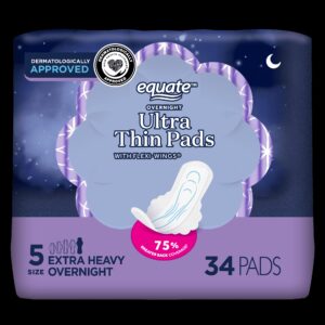 Equate Overnight Ultra Thin Pads with Wings, Size 5, Extra Heavy Overnight Protection (34 Count) - Image 1