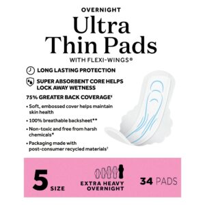 Equate Overnight Ultra Thin Pads with Wings, Size 5, Extra Heavy Overnight Protection (34 Count) - Image 11