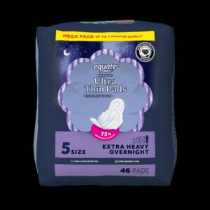 Equate Overnight Ultra Thin Pads with Wings, Size 5, Extra Heavy Overnight Protection (34 Count) - Image 20