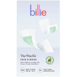 Billie Waxing Kit, Face & Bikini Hair Removal Wax Strips, 32 Wax Strips, 6 Post-Wax Serum Wipes - Image 1