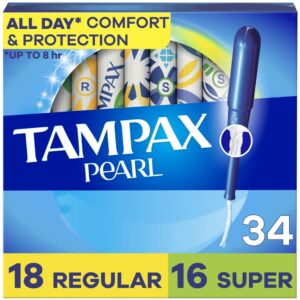 Tampax Pearl Tampons Duo Multipack with LeakGuard Braid, Regular/Super Absorbency, 34 Ct - Image 1