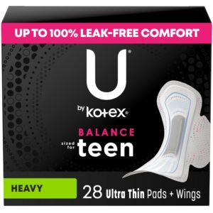 U by Kotex Balance Sized for Teens Ultra Thin Pads with Wings, Heavy Absorbency, 28 Count - Image 1