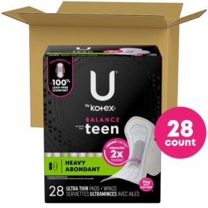 U by Kotex Balance Sized for Teens Ultra Thin Pads with Wings, Heavy Absorbency, 28 Count - Image 2
