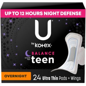 U by Kotex Balance Sized for Teens Ultra Thin Overnight Pads with Wings, 24 Ct - Image 1
