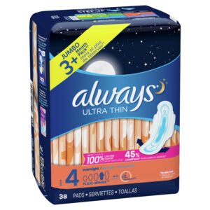 Always Ultra Thin Overnight Pads with Wings, Unscented, Size 4, 38 Ct - Image 13