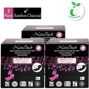 NATRATOUCH ~ COMPOSTABLE ~ NATURAL BAMBOO CHARCOAL SANITARY PADS (HEAVY FLOW - 3 Pack total 24 Pads) - Image 1