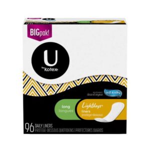 U by Kotex Security Lightdays Panty Liners, Long, Unscented, 96 Count (Pack of 4) - Image 1