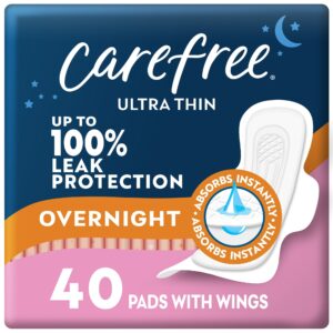 Carefree Ultra Thin Pads, Overnight with Wings, 40 CT - Image 1
