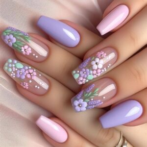T-HOTLYST 24 Pcs 3D Flowers Stick on Nail Purple Artificial Nail Short Ballerinas False Nail Glossy Press On Nail for Woman Girls - Image 3