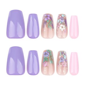 T-HOTLYST 24 Pcs 3D Flowers Stick on Nail Purple Artificial Nail Short Ballerinas False Nail Glossy Press On Nail for Woman Girls - Image 4