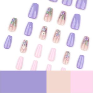 T-HOTLYST 24 Pcs 3D Flowers Stick on Nail Purple Artificial Nail Short Ballerinas False Nail Glossy Press On Nail for Woman Girls - Image 5