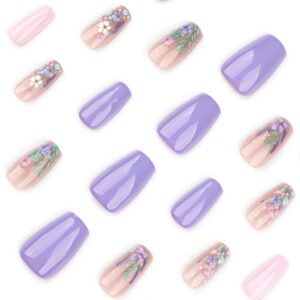 T-HOTLYST 24 Pcs 3D Flowers Stick on Nail Purple Artificial Nail Short Ballerinas False Nail Glossy Press On Nail for Woman Girls - Image 7