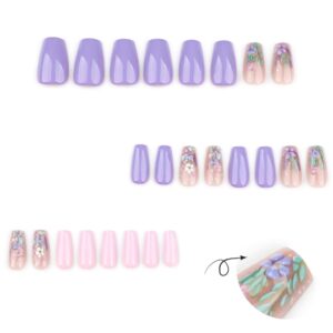 T-HOTLYST 24 Pcs 3D Flowers Stick on Nail Purple Artificial Nail Short Ballerinas False Nail Glossy Press On Nail for Woman Girls - Image 8