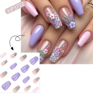 T-HOTLYST 24 Pcs 3D Flowers Stick on Nail Purple Artificial Nail Short Ballerinas False Nail Glossy Press On Nail for Woman Girls - Image 9
