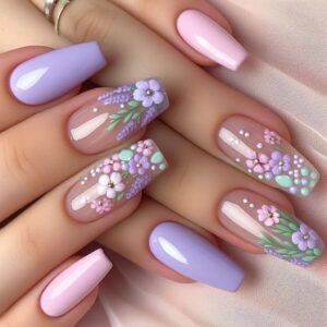 T-HOTLYST 24 Pcs 3D Flowers Stick on Nail Purple Artificial Nail Short Ballerinas False Nail Glossy Press On Nail for Woman Girls - Image 10
