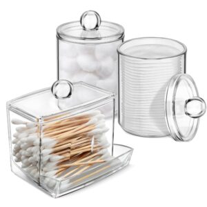 WeGuard 3PCS Qtip Holder and Cotton Ball Holder, 10 oz Clear Plastic Apothecary Jar Set for Bathroom Canister Storage Organization, Vanity Makeup Organizer - Image 1