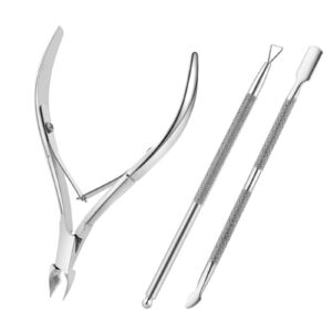 Huauoo 3-Piece Stainless Steel Cuticle Nipper Kit with Full Jaw Nipper, Pusher & Remover, Silver - Image 1