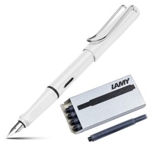 Lamy Safari White Fountain Pen, Medium Nib & 5 Black Ink Cartridges - Image 1