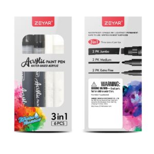 ZEYAR Acrylic Paint Marker Pens, Black & White Colors, 3 Different Point Size per Pack: Extra Fine(0.7-1mm), Medium Bullet Point(2-3mm),Jumbo Felt Tip(10-15mm) (Black & White, Extra fine,Medium,Jumbo) - Image 4