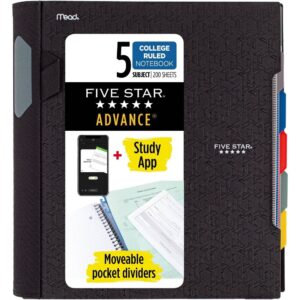 Five Star 200 Sheets 5 Subject College Ruled Spiral Notebook with Pocket Dividers Black: Lined Paper, 3 Hole Punched - Image 1