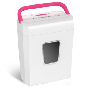 Bonsaii 6-Sheet Cross Cut Paper Shredder with Pink Handle, Compact for Home and Office Use, White - Image 1